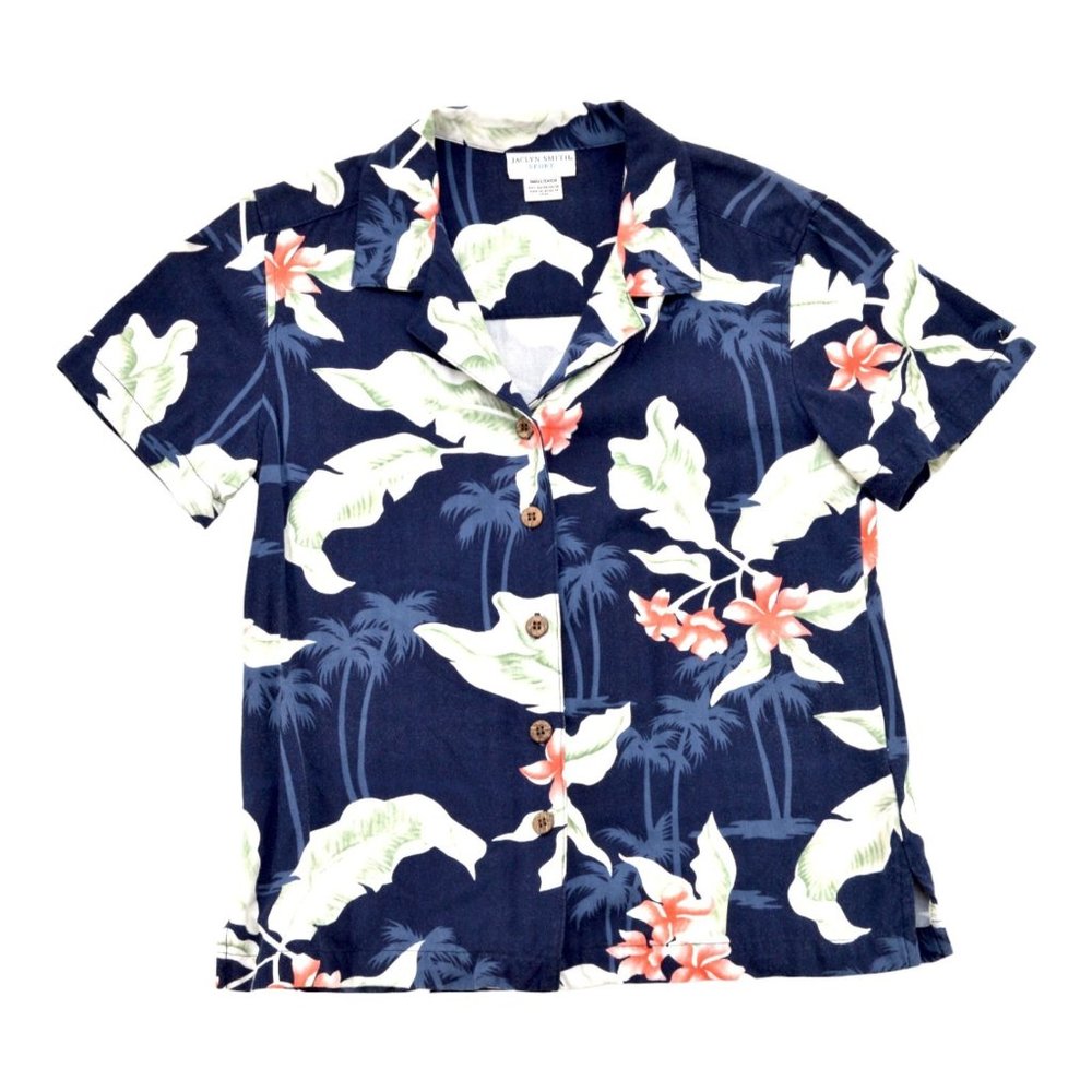 Jaclyn Smith Sport Women Top Blue S‎ Tropical Short Sleeve Floral Leaf Button Up